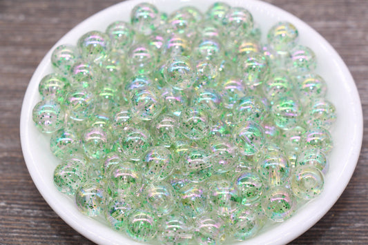 10mm Iridescent Translucent Green Beads with Glitter, Shinny Bubblegum Beads, Sparkle Chunky Beads, Smooth Round Plastic Beads #1833