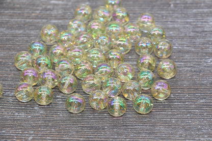 10mm Iridescent Translucent Yellow Beads with Glitter, Shinny Bubblegum Beads, Sparkle Chunky Beads, Smooth Round Plastic Beads #1835