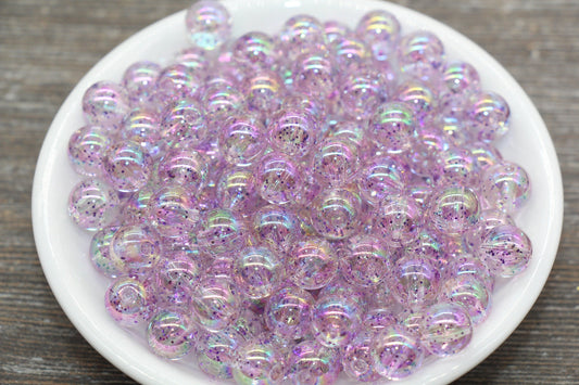 10mm Iridescent Translucent Purple Beads with Glitter, Shinny Bubblegum Beads, Sparkle Chunky Beads, Smooth Round Plastic Beads #1836