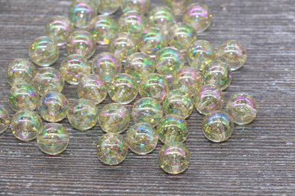 12mm Iridescent Translucent Yellow Beads with Glitter, Shinny Bubblegum Beads, Sparkle Chunky Beads, Smooth Round Plastic Beads #1843