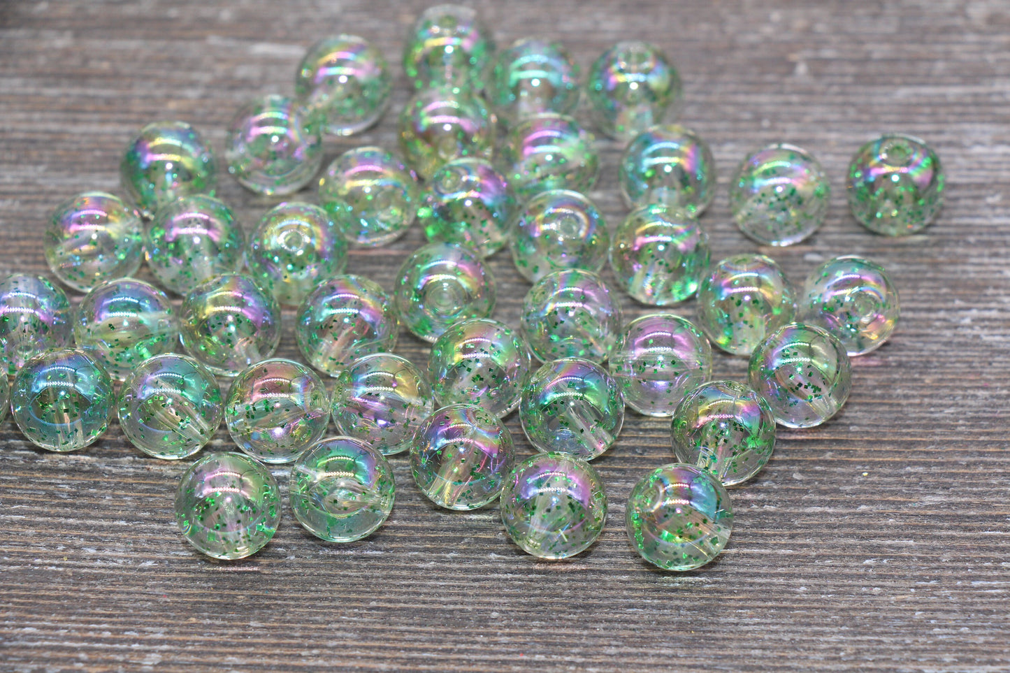 12mm Iridescent Translucent Green Beads with Glitter, Shinny Bubblegum Beads, Sparkle Chunky Beads, Smooth Round Plastic Beads #1844