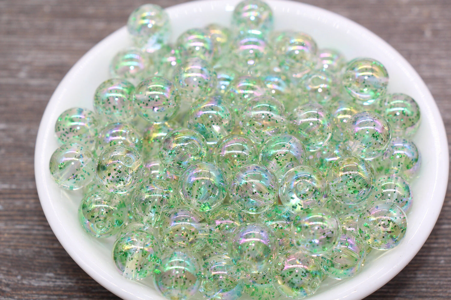 12mm Iridescent Translucent Green Beads with Glitter, Shinny Bubblegum Beads, Sparkle Chunky Beads, Smooth Round Plastic Beads #1844