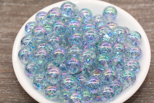 12mm Iridescent Translucent Blue Beads with Glitter, Shinny Bubblegum Beads, Sparkle Chunky Beads, Smooth Round Plastic Beads #1838