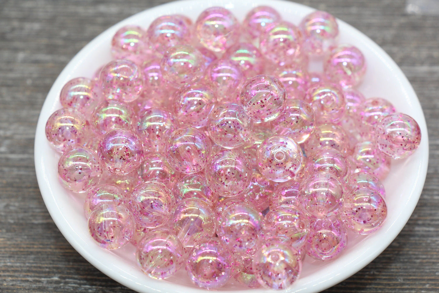 12mm Iridescent Translucent Pink Beads with Glitter, Shinny Bubblegum Beads, Sparkle Chunky Beads, Smooth Round Plastic Beads #1841