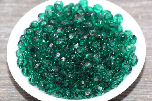 8mm Hunter Green Transparent Faceted Beads, Hexagon Faceted Acrylic Loose Beads, Bubblegum Beads, Chunky Beads, Crystal Look Beads #1847