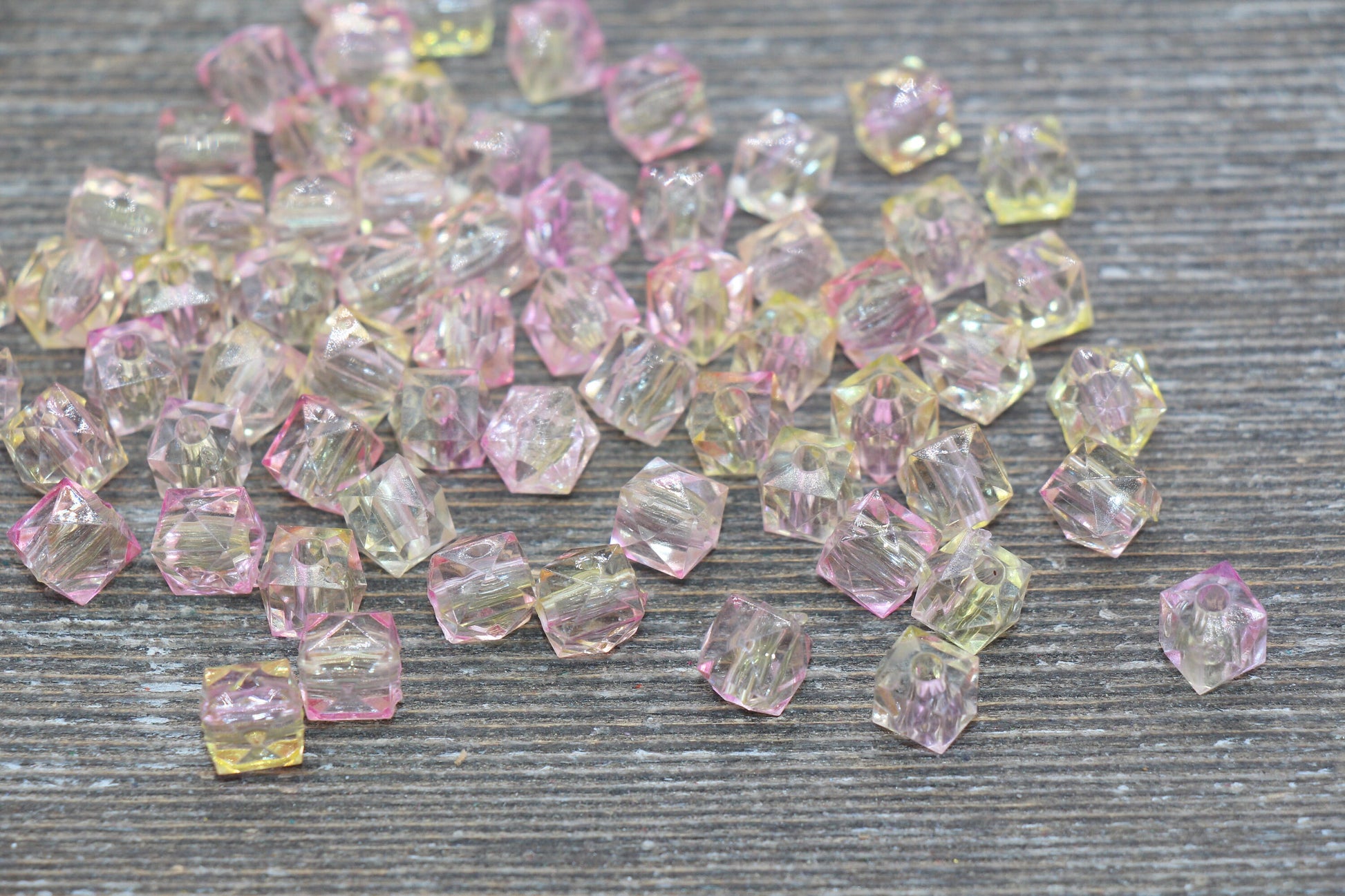 8mm Square Ombre Beads, Pink and Yellow Ombre Translucent Square Faceted Beads, Cube Beads, Chunky Beads, Crystal Look Beads #1861