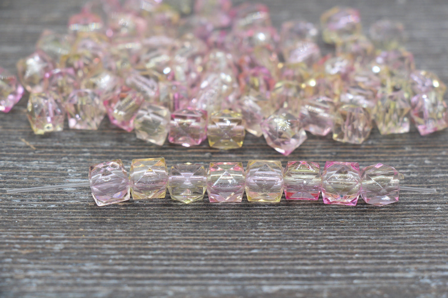 8mm Square Ombre Beads, Pink and Yellow Ombre Translucent Square Faceted Beads, Cube Beads, Chunky Beads, Crystal Look Beads #1861