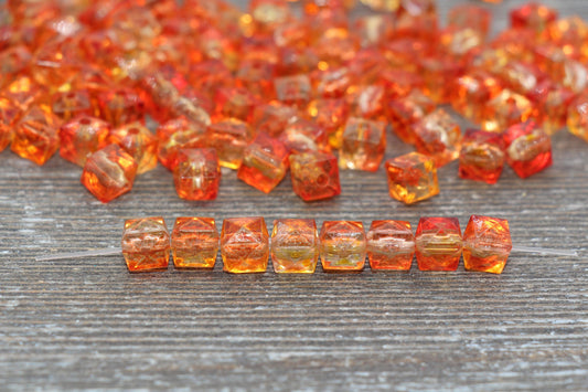 8mm Square Ombre Beads, Orange and Yellow Ombre Translucent Square Faceted Beads, Cube Beads, Chunky Beads, Crystal Look Beads #1863