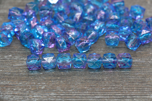 10mm Square Ombre Beads, Blue and Purple Ombre Translucent Square Faceted Beads, Cube Beads, Chunky Beads, Crystal Look Beads #1866