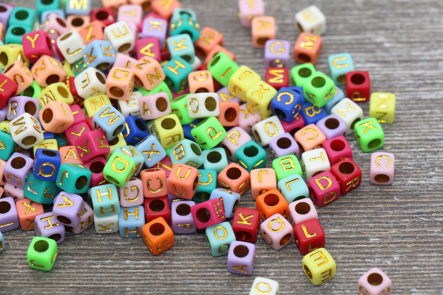 Multicolor Cube Alphabet Letter Beads, Multicolored Beads with Gold Letters, Plastic Letter Beads, Acrylic Square Name Beads, Size 6mm #1312