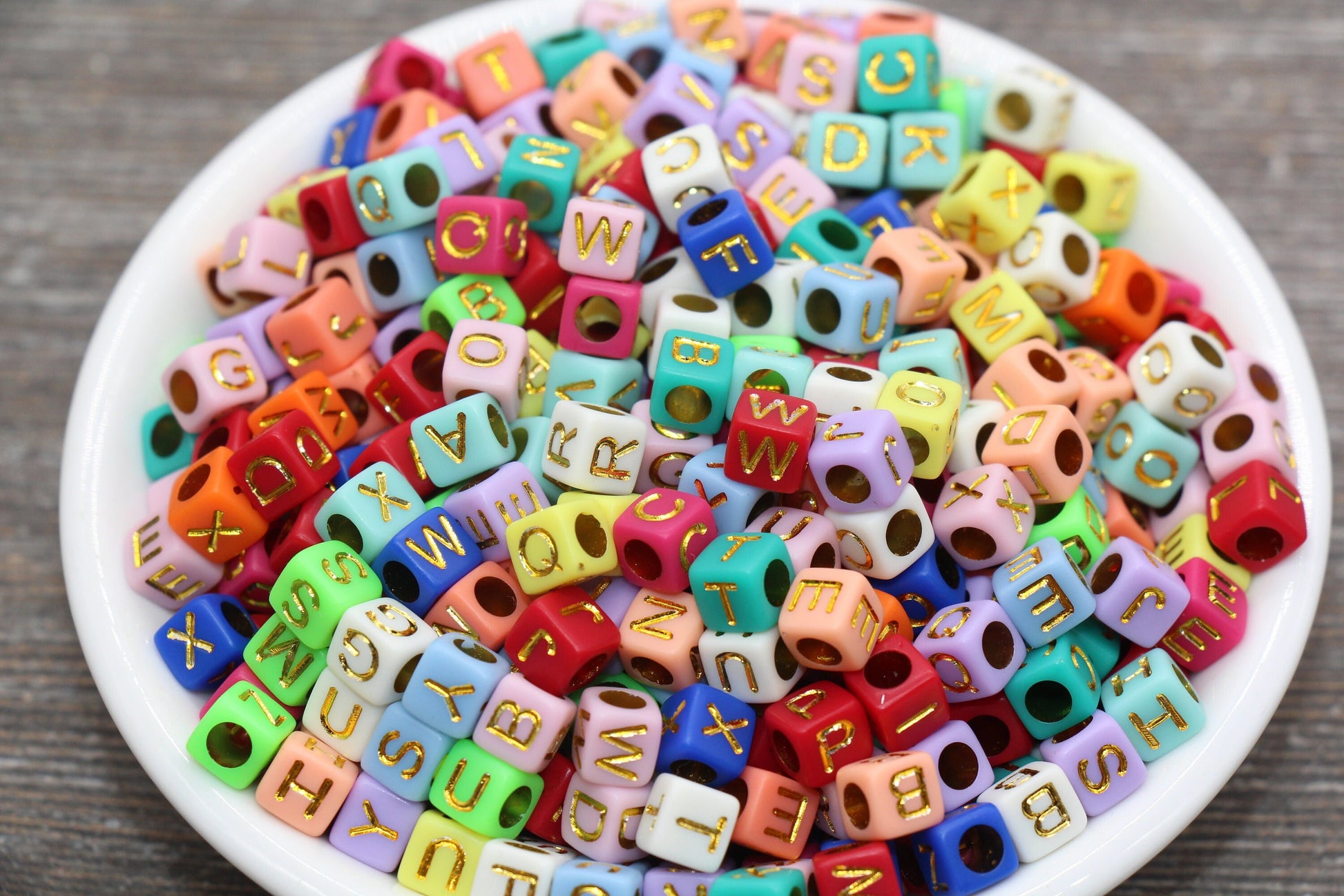 Multicolor Cube Alphabet Letter Beads, Multicolored Beads with Gold Letters, Plastic Letter Beads, Acrylic Square Name Beads, Size 6mm #1312