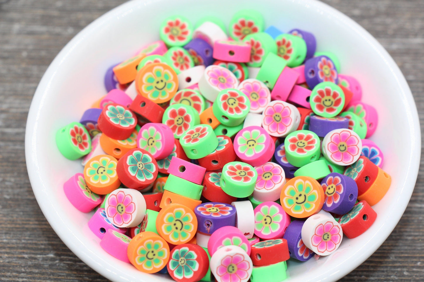 Smiley Face Flower Polymer Clay Beads, Multicolor Round Flower Cane Beads, Assorted Flower Beads, Mix Colors Flower Beads #56