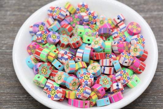 Smiley Face Multicolor Flower Polymer Clay Beads, Round Happy Face Flower Cane Beads, Assorted Flower Beads, Mix Colors Flower Beads #55