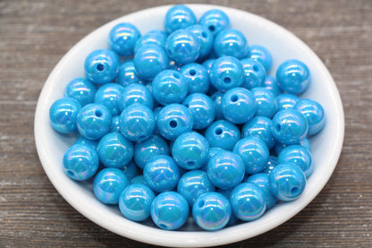 12mm Blue AB Gumball Beads, Iridescent Blue Acrylic Loose Beads, Solid Bubblegum Beads, Chunky Beads, Smooth Round Plastic Beads #1808