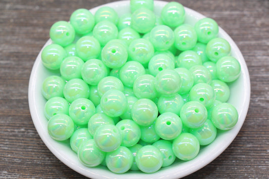 12mm Mint Green AB Gumball Beads, Iridescent Green Acrylic Loose Beads, Solid Bubblegum Beads, Chunky Beads, Glossy Smooth Round Beads #1817