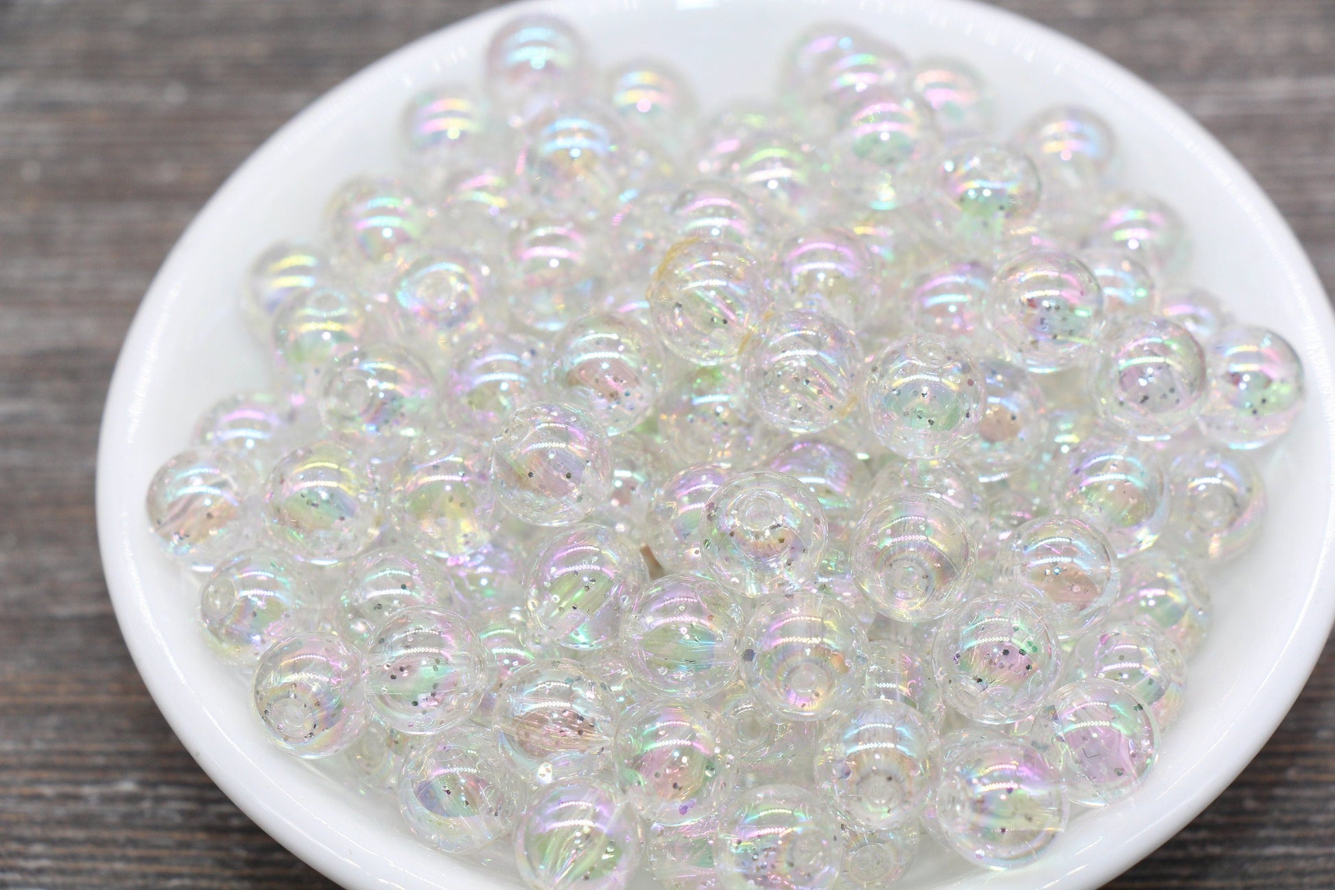 10mm Iridescent Translucent Beads with Silver Glitter, Shinny Bubblegum Beads, Sparkle Chunky Beads, Smooth Round Plastic Beads #1828