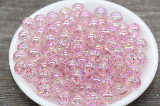 10mm Iridescent Translucent Pink Beads with Glitter, Shinny Bubblegum Beads, Sparkle Chunky Beads, Smooth Round Plastic Beads #1834