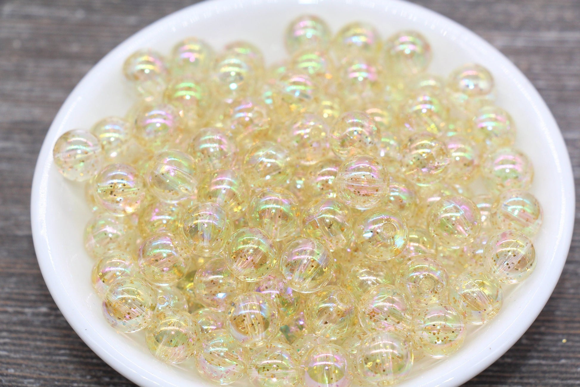 10mm Iridescent Translucent Yellow Beads with Glitter, Shinny Bubblegum Beads, Sparkle Chunky Beads, Smooth Round Plastic Beads #1835