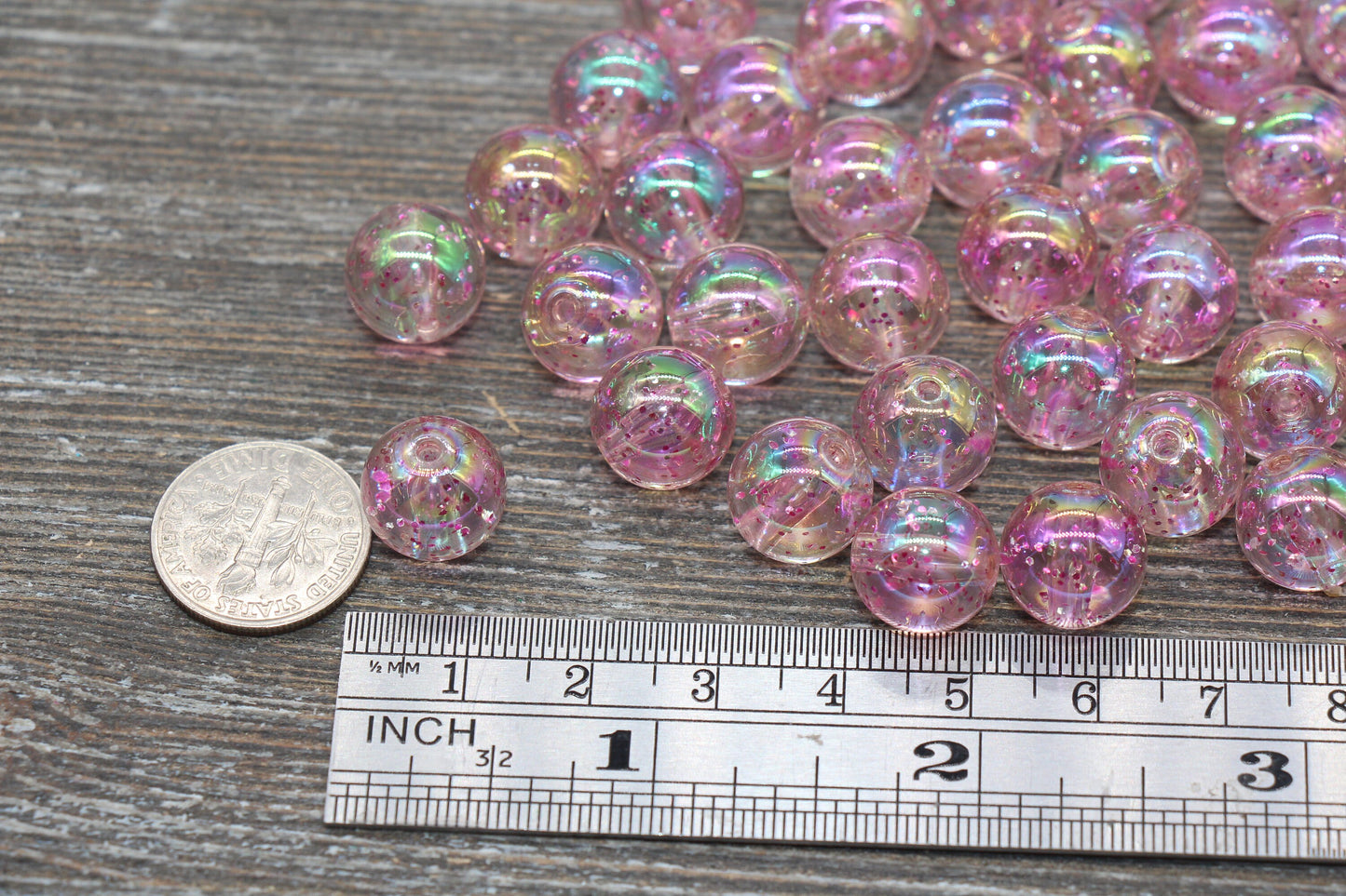 12mm Iridescent Translucent Pink Beads with Glitter, Shinny Bubblegum Beads, Sparkle Chunky Beads, Smooth Round Plastic Beads #1841