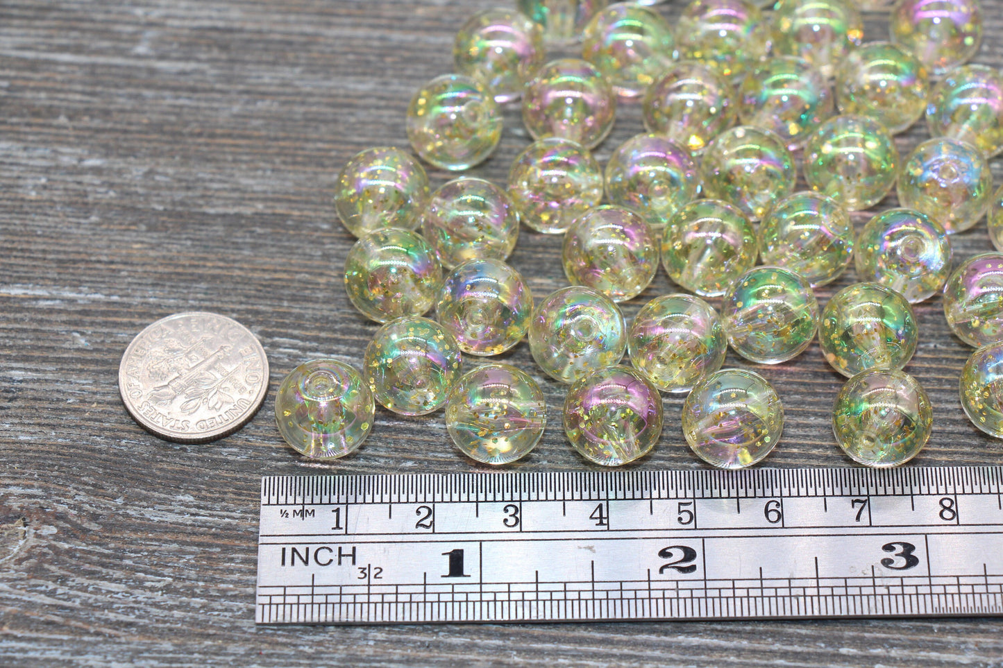 12mm Iridescent Translucent Yellow Beads with Glitter, Shinny Bubblegum Beads, Sparkle Chunky Beads, Smooth Round Plastic Beads #1843