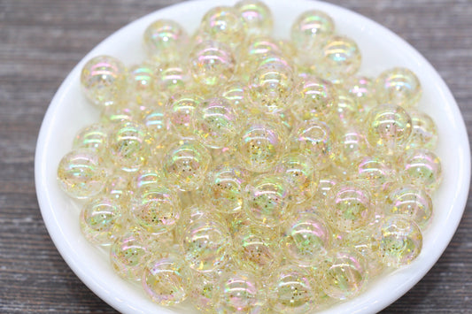 12mm Iridescent Translucent Yellow Beads with Glitter, Shinny Bubblegum Beads, Sparkle Chunky Beads, Smooth Round Plastic Beads #1843