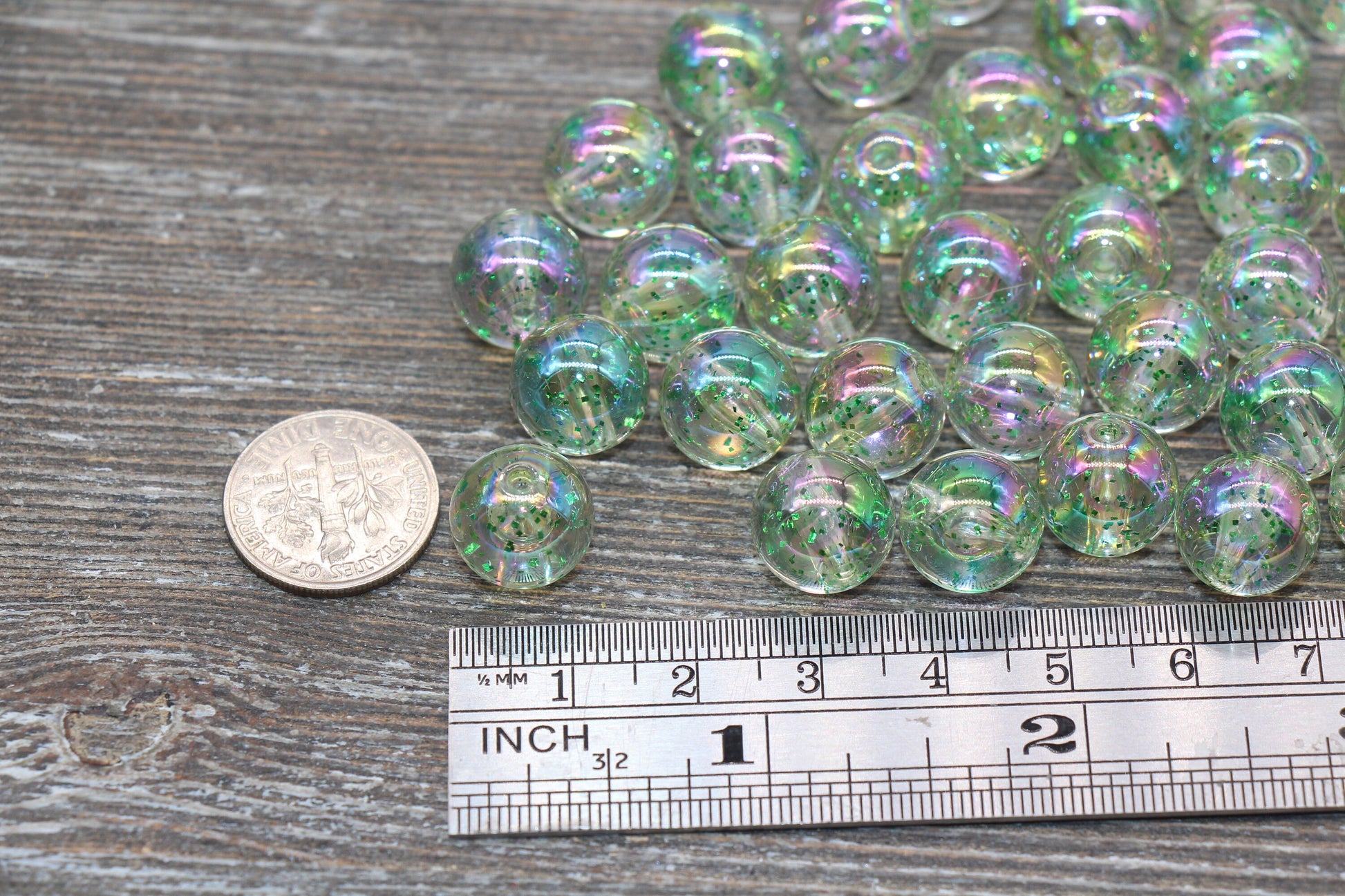 12mm Iridescent Translucent Green Beads with Glitter, Shinny Bubblegum Beads, Sparkle Chunky Beads, Smooth Round Plastic Beads #1844