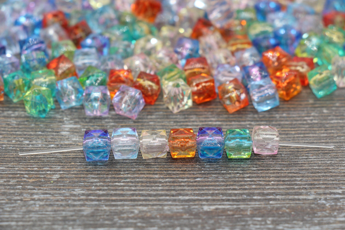 8mm Square Ombre Beads, Multicolor Translucent Square Faceted Beads, Cube Beads, Chunky Beads, Crystal Look Beads #1859