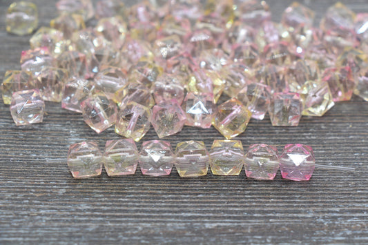 10mm Square Ombre Beads, Pink and Yellow Ombre Translucent Square Faceted Beads, Cube Beads, Chunky Beads, Crystal Look Beads #1865