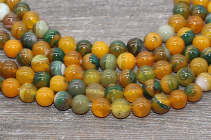 Stripe Agate Beads, Yellow and Green Stripe Agate, Gemstone Smooth Round Beads, Size 6mm 8mm 12mm, Full Strand 15.5 inch, #233