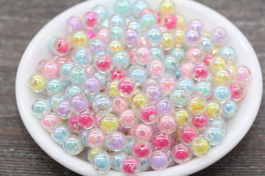 8mm Iridescent Mix Gumball Beads, AB Multicolor Round Acrylic Loose Beads, Glossy Shinny Bubblegum Beads, Chunky Beads, Round Beads #1943