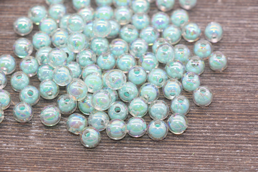 8mm Iridescent Mint Green Gumball Beads, AB Mint Round Loose Beads, Glossy Shinny Bubblegum Beads, Chunky Beads, Round Beads #1946