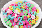 Flower Polymer Clay Beads, Heart Shape Flower Printed Fimo Cane Beads, Assorted Flower Beads, Heart Flower Slice Beads #27