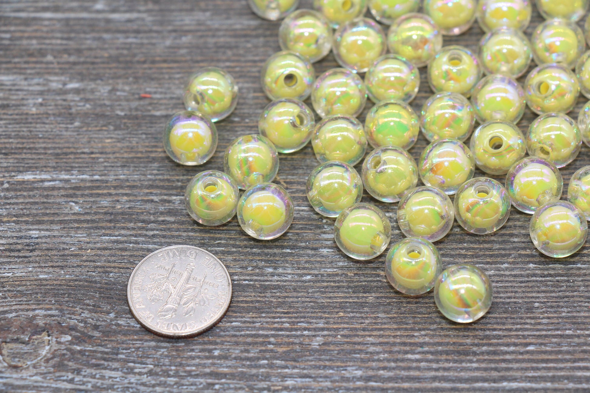 10mm Iridescent Yellow Gumball Beads, AB Yellow Round Acrylic Loose Beads, Glossy Shinny Bubblegum Beads, Chunky Beads, Round Beads #1952