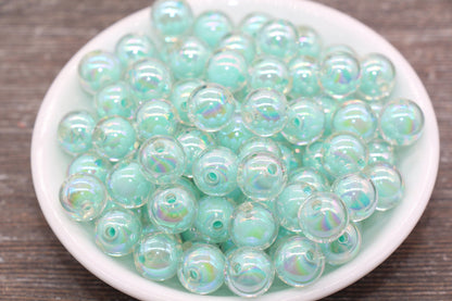 12mm Iridescent Mint Green Gumball Beads, AB Mint Round Acrylic Loose Beads, Glossy Shinny Bubblegum Beads, Chunky Beads, Round Beads #1960