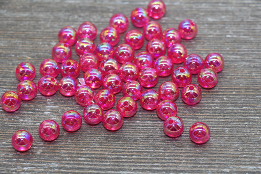 8mm Hot Pink AB Round Beads, Iridescent Acrylic Gumball Beads, Translucent Round Spacer Beads, Bubblegum Beads, Plastic Round Bead #1965