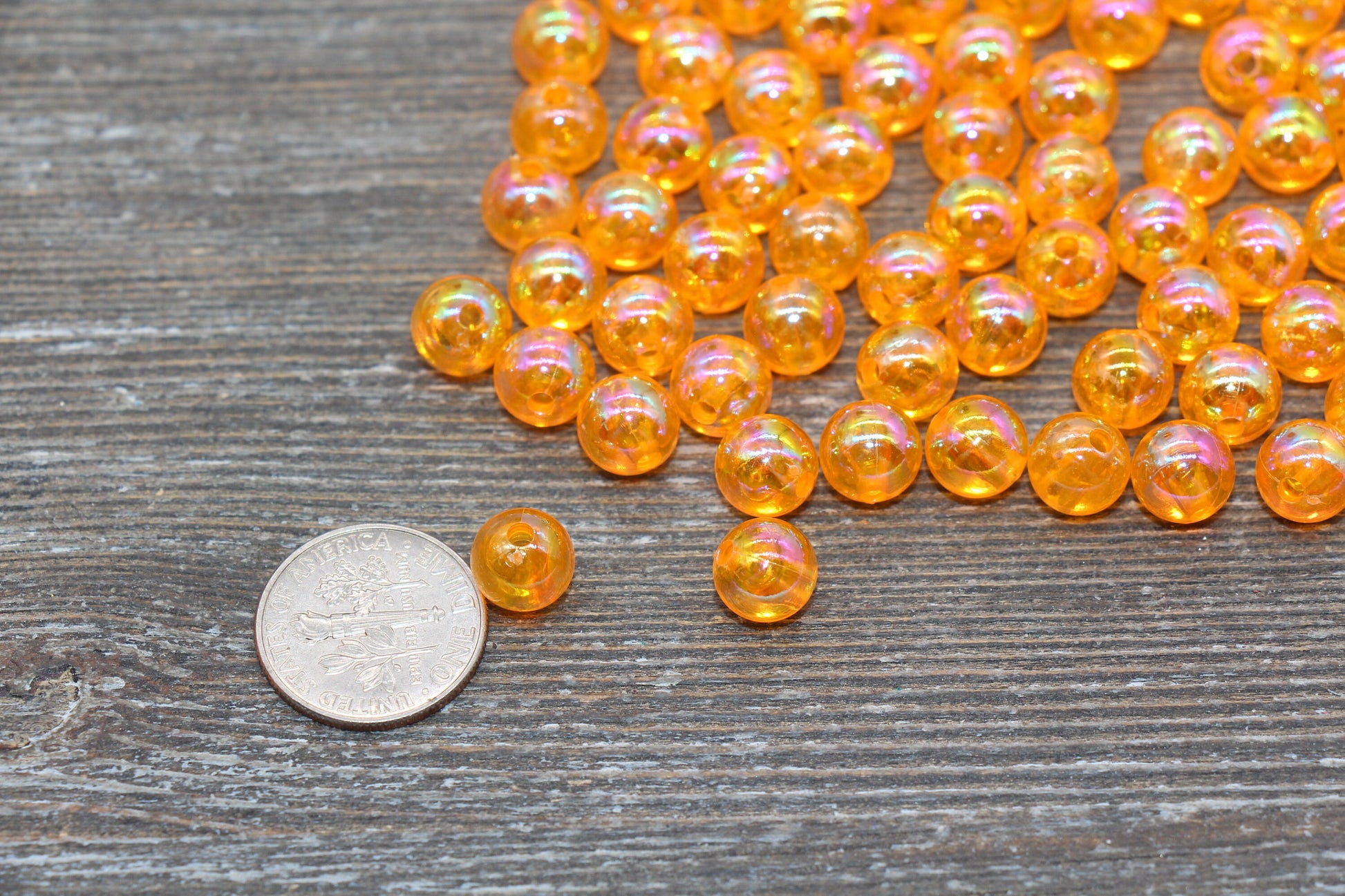 8mm Orange AB Round Beads, Iridescent Orange Acrylic Gumball Beads, Translucent Round Spacer Beads, Bubblegum Beads, #1975