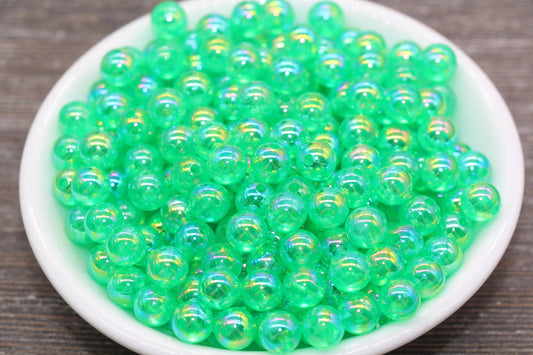 8mm Green AB Round Beads, Iridescent Green Acrylic Gumball Beads, Translucent Round Spacer Beads, Bubblegum Beads, #1982