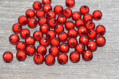 10mm Red Faceted Beads, Round Faceted Acrylic Loose Beads, Bubblegum Beads, Chunky Beads, Bracelet Gumball Beads #2010