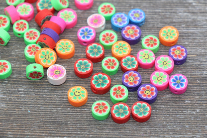 Smiley Face Flower Polymer Clay Beads, Multicolor Round Flower Cane Beads, Assorted Flower Beads, Mix Colors Flower Beads #56