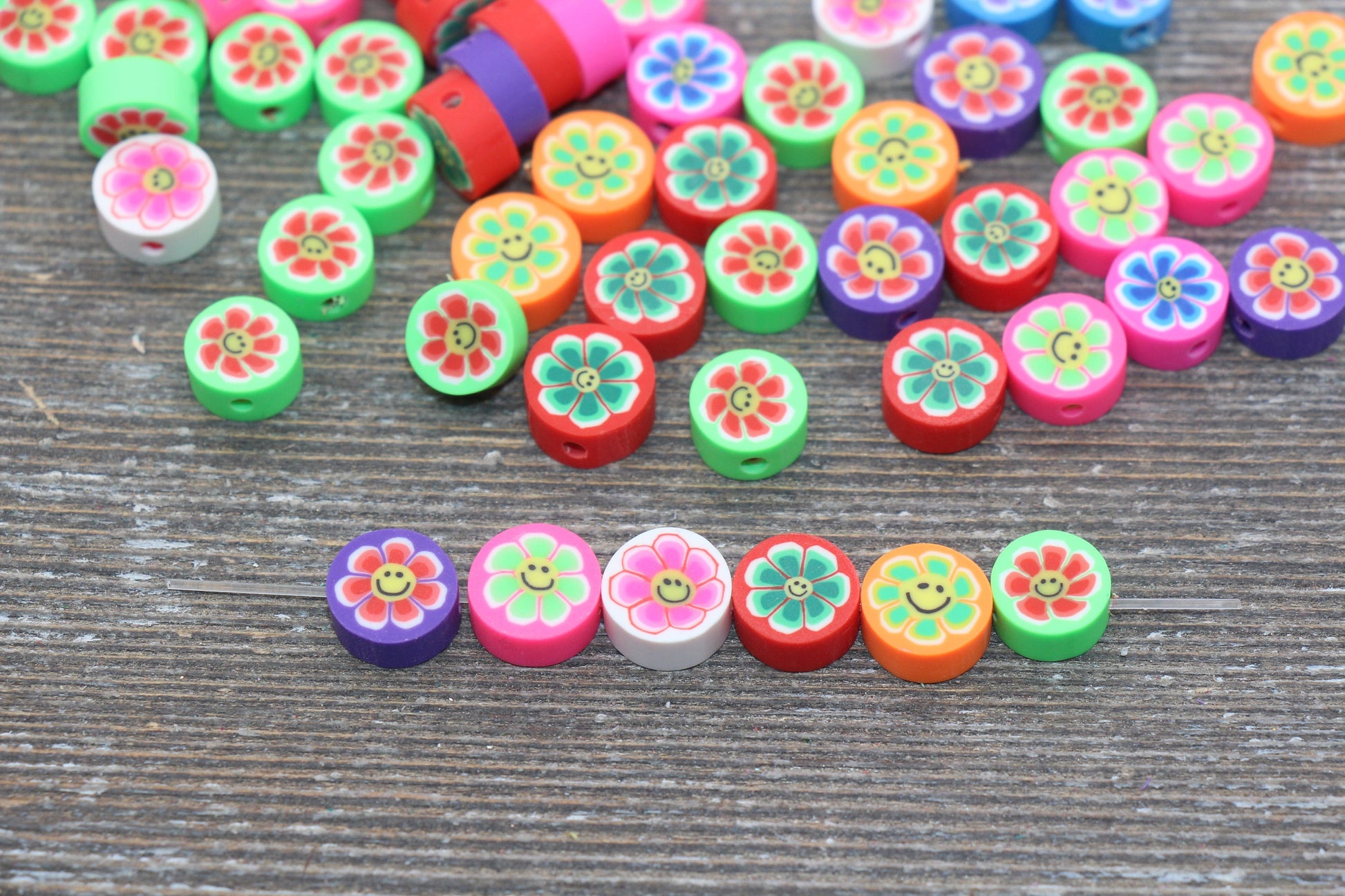 Smiley Face Flower Polymer Clay Beads, Multicolor Round Flower Cane Beads, Assorted Flower Beads, Mix Colors Flower Beads #56