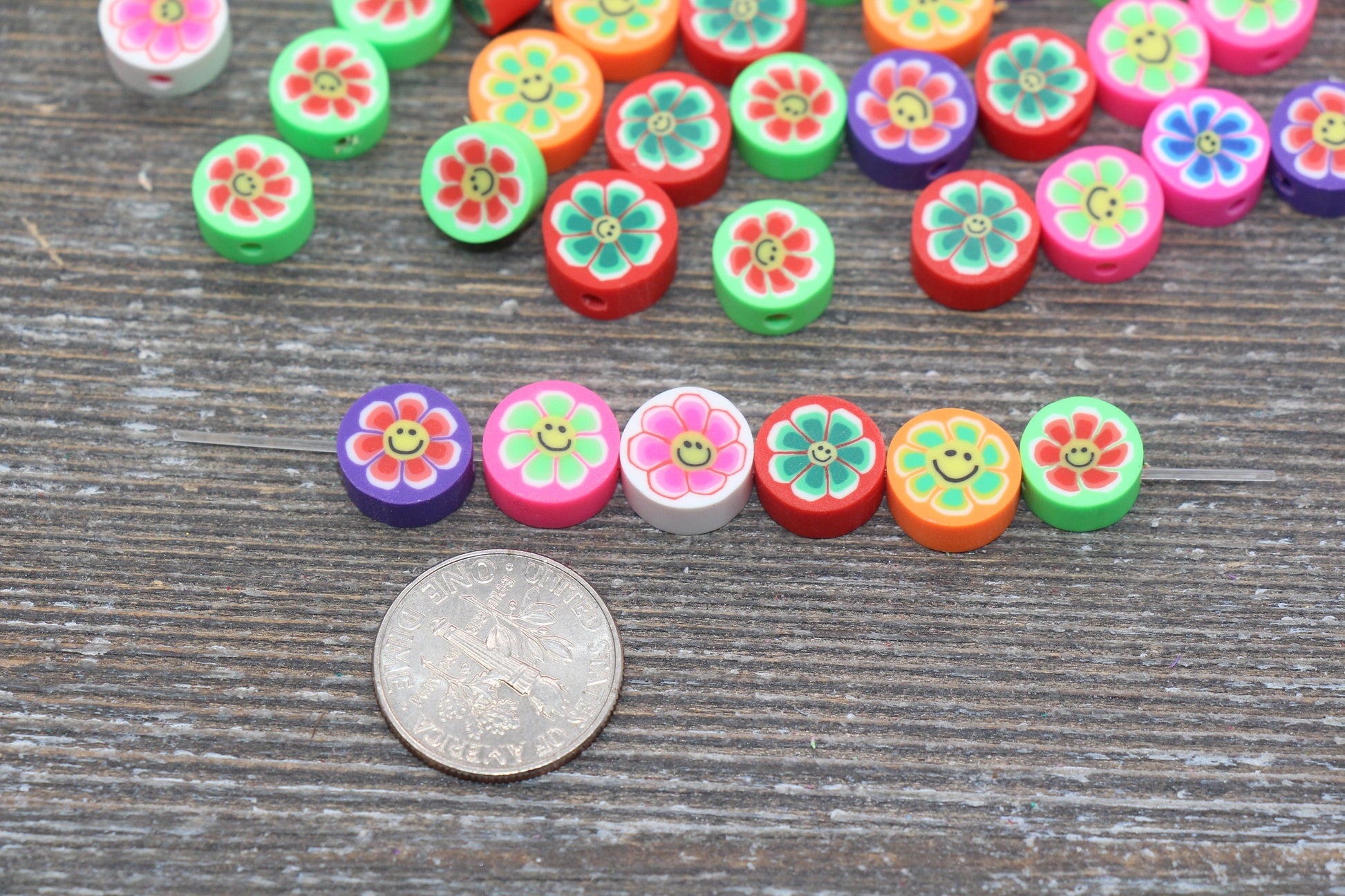 Smiley Face Flower Polymer Clay Beads, Multicolor Round Flower Cane Beads, Assorted Flower Beads, Mix Colors Flower Beads #56