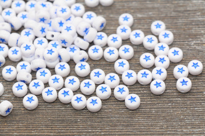 Blue Star Beads, Acrylic Blue Star Beads, White Beads with Blue Stars, Acrylic Symbol Beads, Size 7mm #300