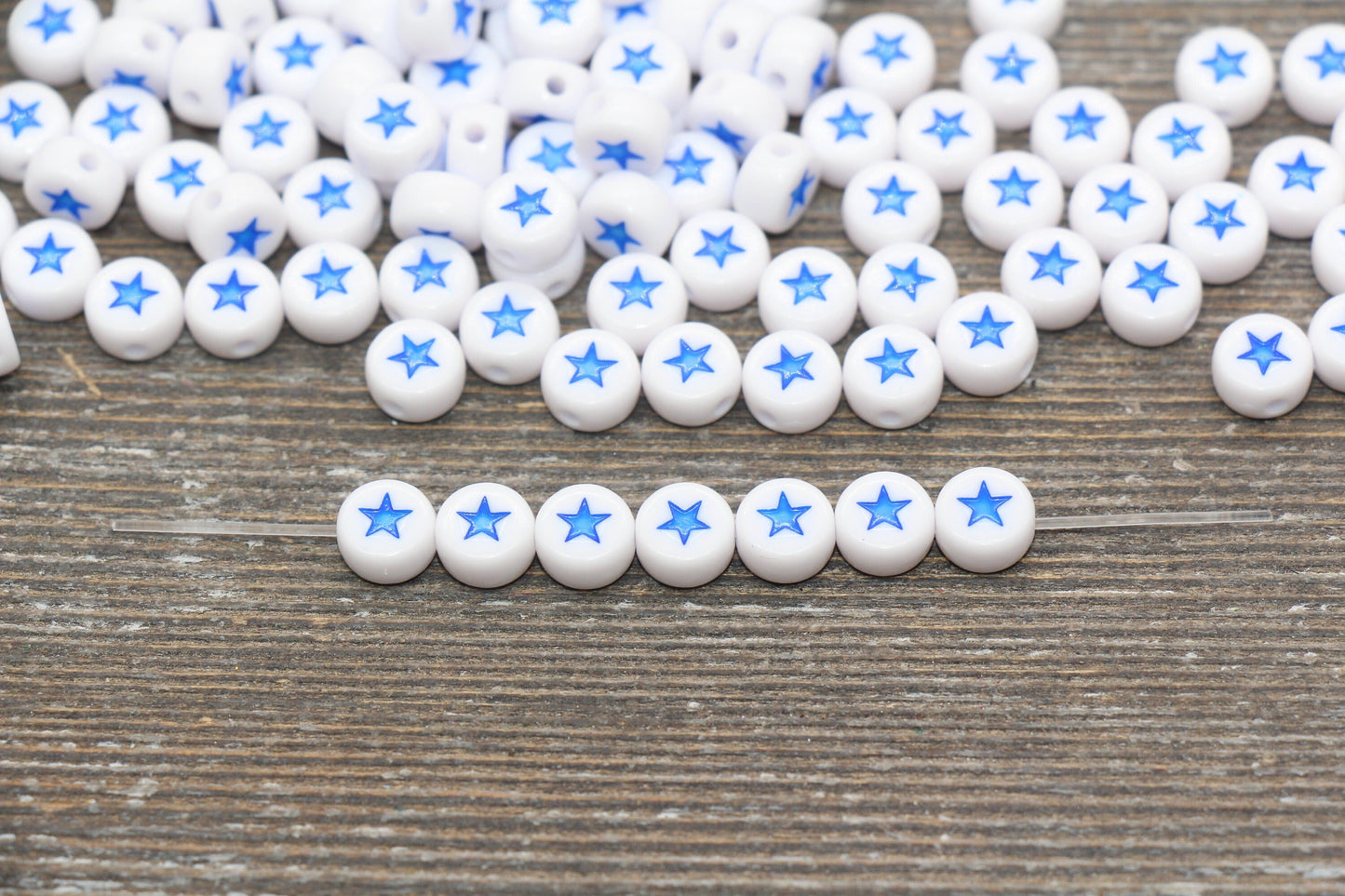 Blue Star Beads, Acrylic Blue Star Beads, White Beads with Blue Stars, Acrylic Symbol Beads, Size 7mm #300