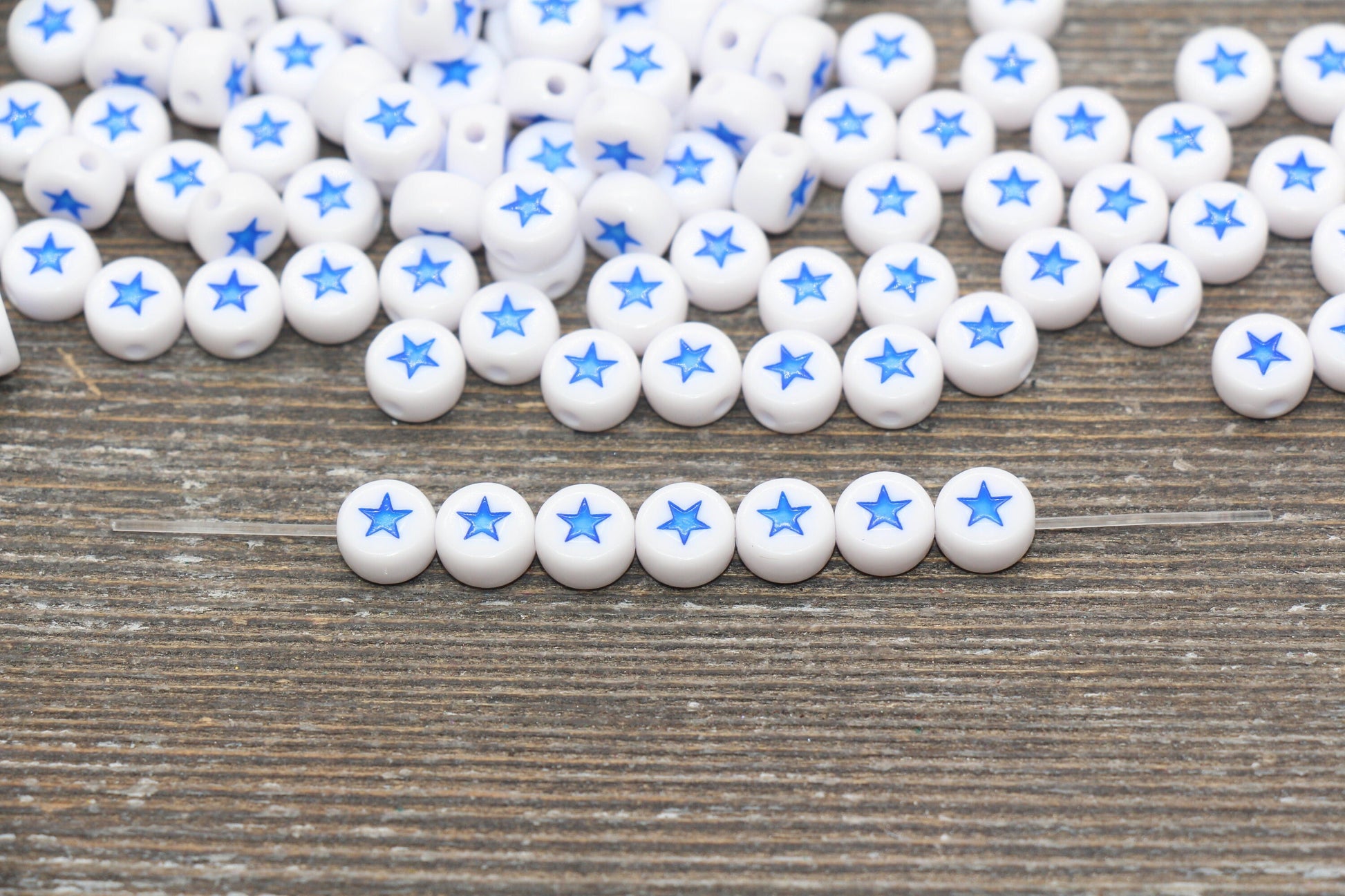 Blue Star Beads, Acrylic Blue Star Beads, White Beads with Blue Stars, Acrylic Symbol Beads, Size 7mm #300