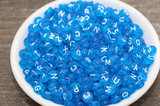 Blue Alphabet Letter Beads, Blue Transparent Beads with White Letters, Assorted Round Letter Beads, Name Initial Beads, Size 7mm #353