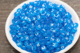Blue Alphabet Letter Beads, Blue Transparent Beads with White Letters, Assorted Round Letter Beads, Name Initial Beads, Size 7mm #353
