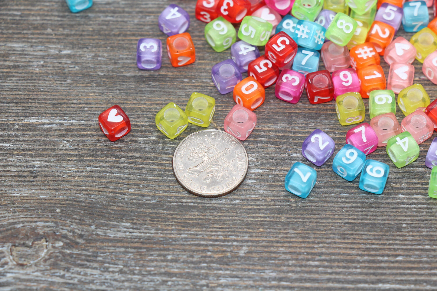 Multicolor Number Beads, Assorted Number Beads, Mix Color Cube Square Number Beads, Heart, Hashtag #, Size 6mm #2038