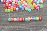 6 mm multicolor acrylic cube number beads with heart and hashtag symbols; multicolor cube number beads