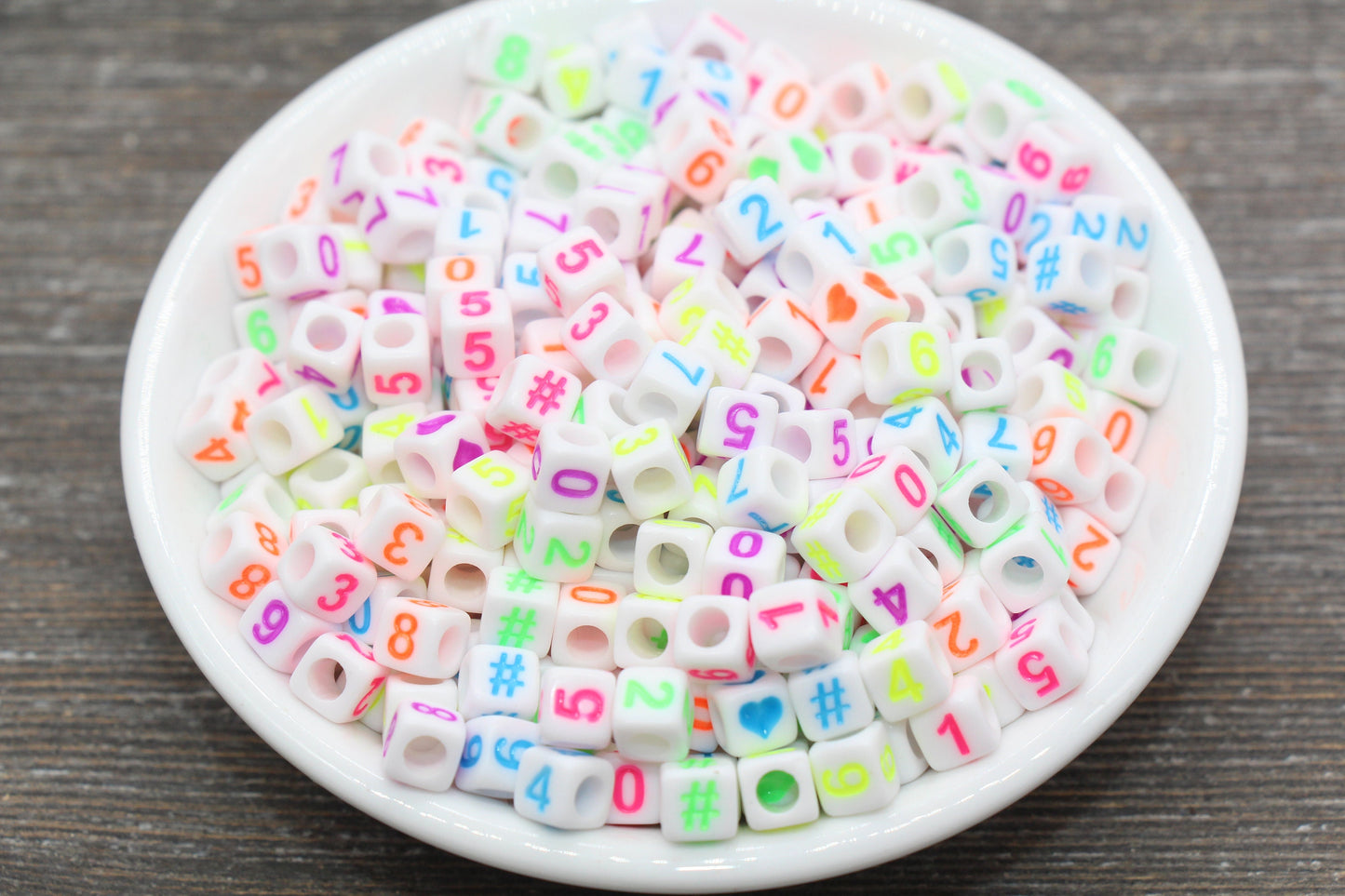 Multicolor Number Beads, Assorted Number Beads, Mix Color Cube Square Number Beads, Heart, Hashtag #, Size 6mm #2039