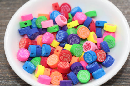 Flower Polymer Clay Beads, Rose Flower Cane Beads, Assorted Flower Beads, Rainbow Flower Slice Beads #60